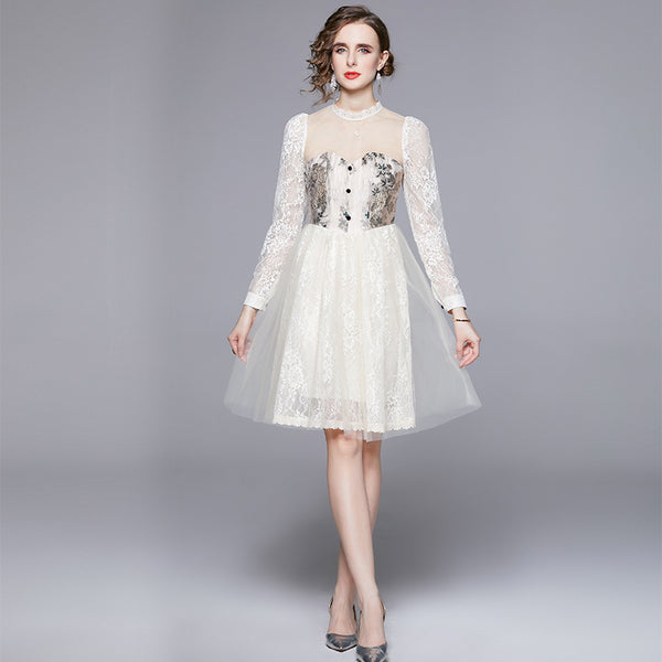 Long-Sleeved Slim Temperament Elegant Retro Court Style Jacquard Dress