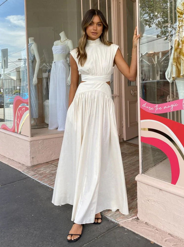 Summer Casual High-Neck Waisted Cutout Pleated Short Sleeve Dress for Women