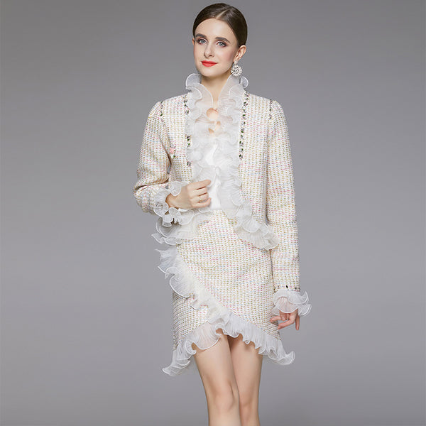 Tweed Stitching Mesh Yarn Coat and Half Skirt