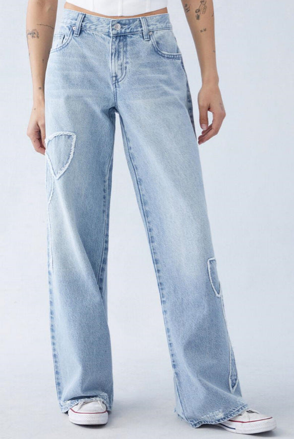 American Fashion Side-Fringed Butterfly-Embroidered Loose Straight Denim Pant for Women