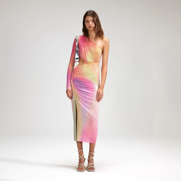 Summer Elegant Colorful Gradient Rhinestone One-Shoulder Cutout Party Dress for Women