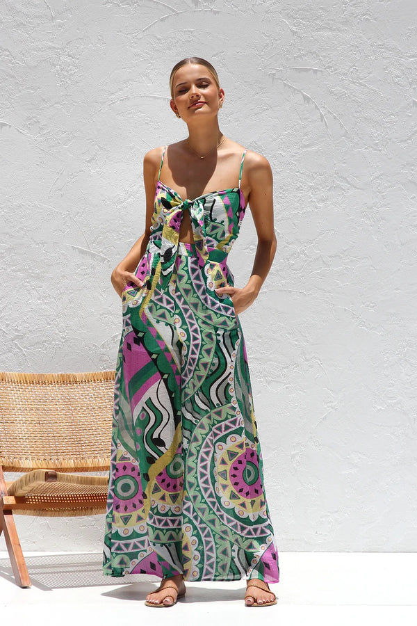 Summer Printed Cutout Waisted Smocked Wide-Leg Jumpsuit for Women