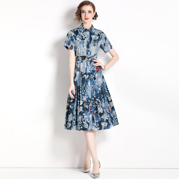 Printed Lapel Short Sleeve Waist Slimming Mid-Length Dress