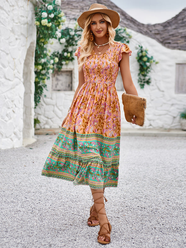 Summer Casual Printed Waisted Loose Boho Long Holiday-Style Dress for Women