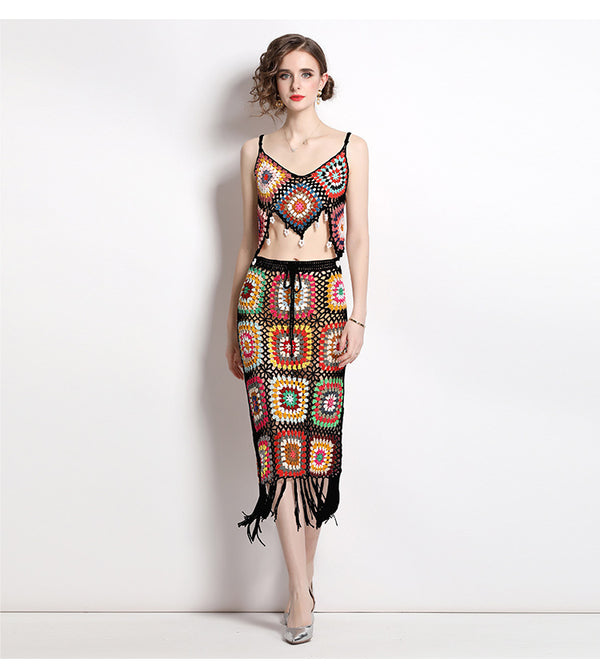Tassel Hook Flower Knitted Suit Women's Halter Vest and Half Skirt Two-Piece Set