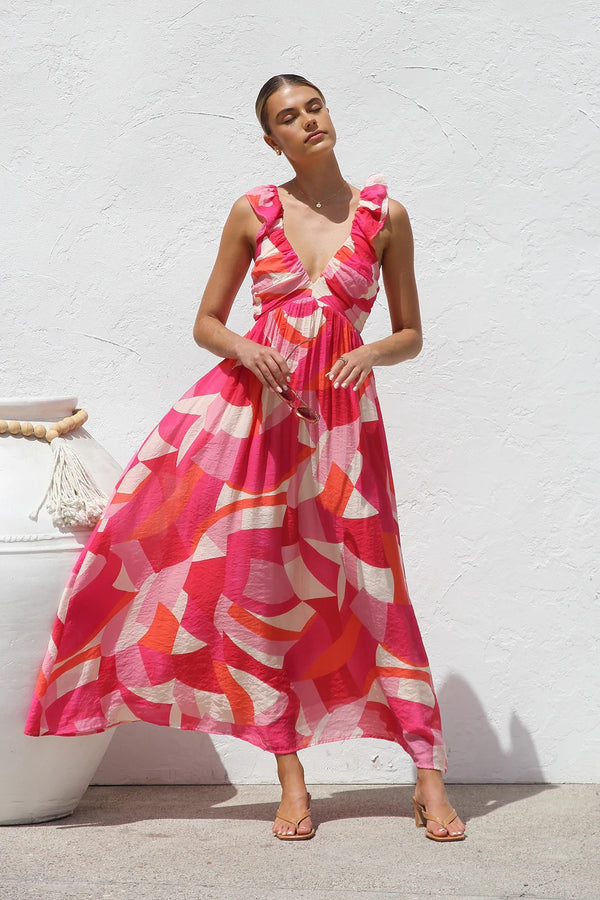 Summer Printed V-Neck Waisted Flowy Holiday-Style Slip Dress for Women