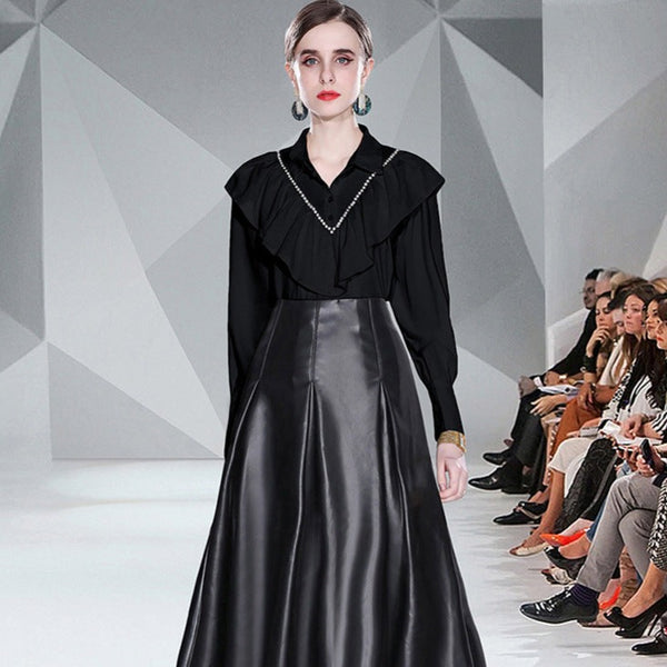 Solid Color Everything Chiffon Shirt and PU Retro Leather Skirt Half Skirt Two-Piece Set