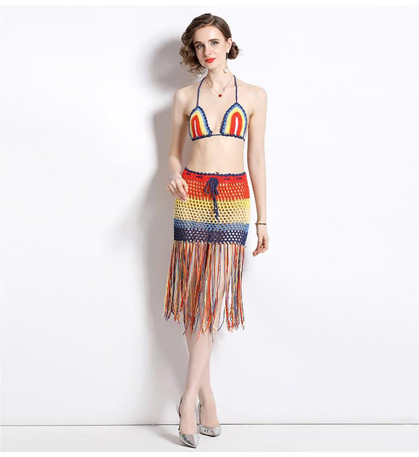Hollowed Out beach Holiday Style Fashion Hanging Neck Wipe Chest Suspender and High Waist Tassel Sexy Bag Buttock Skirt Suit