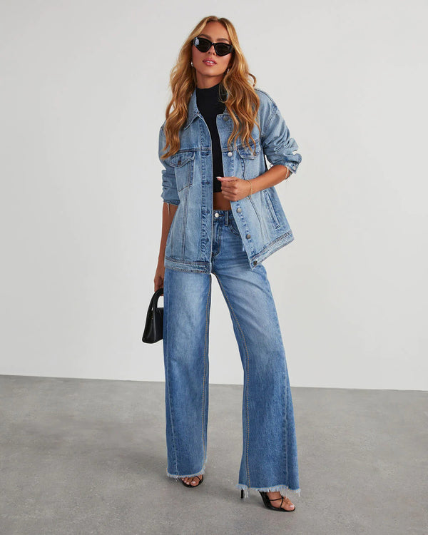 Summer Fashion Versatile Wide-Leg Washed Denim Pant with Frayed Edges for Women