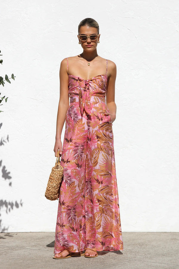 Summer Fashion Printed Waisted Wide-Leg Slip Jumpsuit for Women