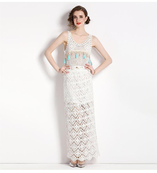 Resort Wind Hook Flower Embroidery Hollowed Out Vest Top and Long Half Skirt Two-Piece Set