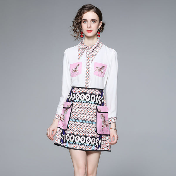 New Women's Retro Printed Long-Sleeved Top Shirt and Short Skirt Two-Piece Suit