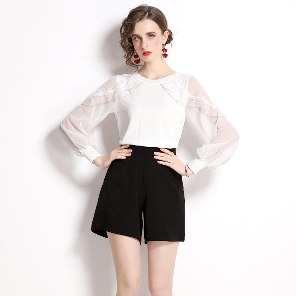 Ruffled Stitching Lantern Sleeves Hollowed Out Crew Neck Knitted to Show Thin Top and Black Shorts