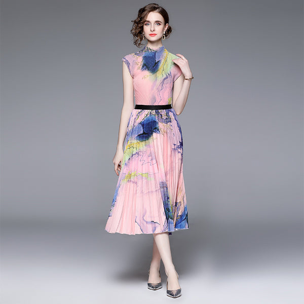 High Stretch Top and Printed Pleated Skirt Two-Piece Suit