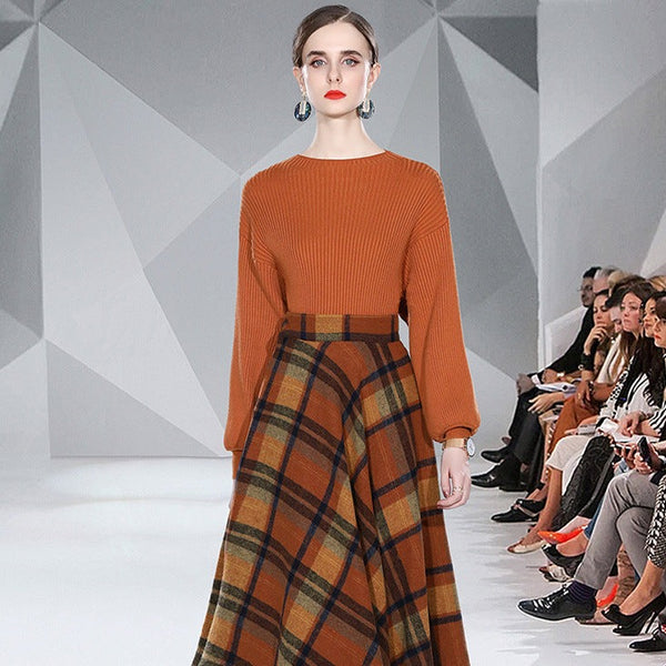 Pullover Long-Sleeved Sweater and Wool Plaid Skirt Set