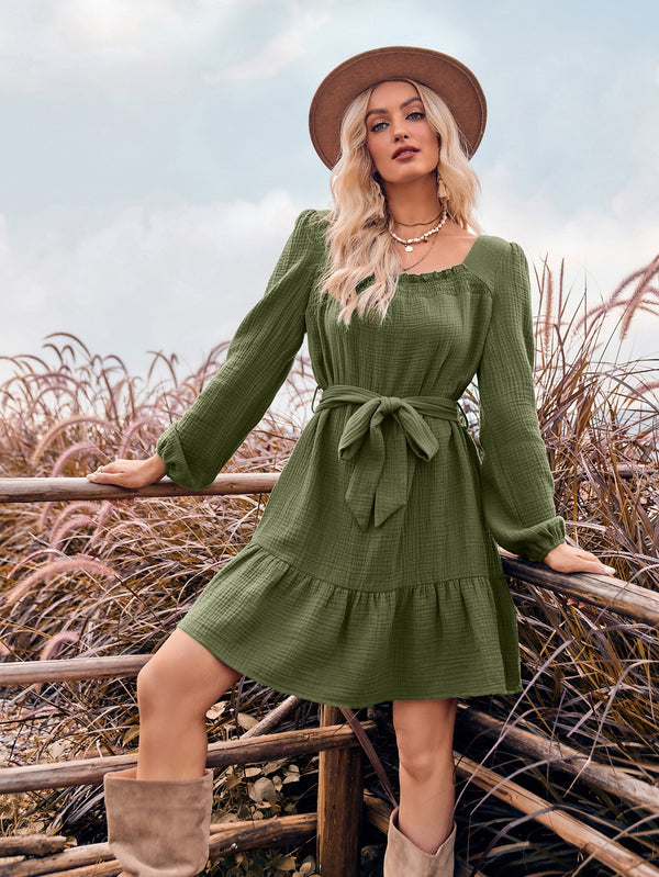 Autumn Casual Square-Neck Long Sleeve Waist-Tie Short Dress for Women