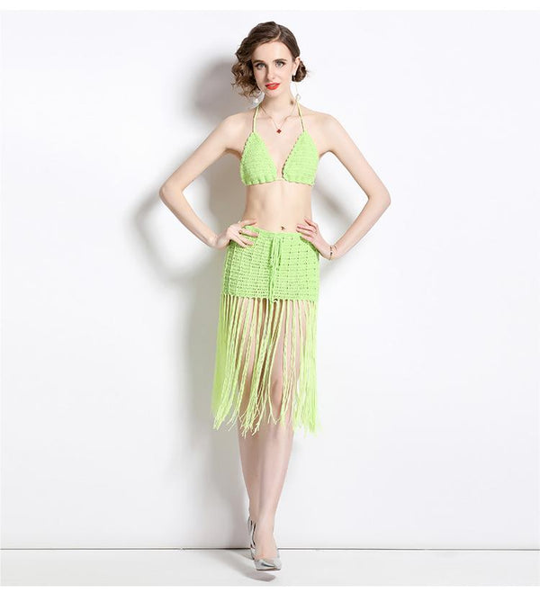 Leisure Vacation Sexy Knitted Suspender Vhest Erase and Tassel Short Skirt Two Piece Suit