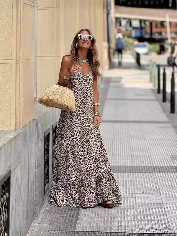 Summer Sexy V-Neck Open-Back Leopard-Print Loose Slip Dress for Women