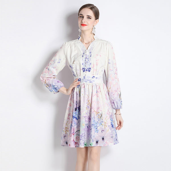 V-Neck Vintage Print Long-Sleeved Dress Slim-Fit and Slim-Waist A-Line Skirt