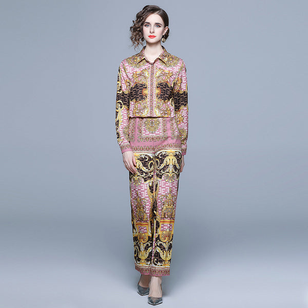 Printed Long-Sleeved Shirt Wide-Leg Pants Suit Women's Two-Piece Autumn Clothes New
