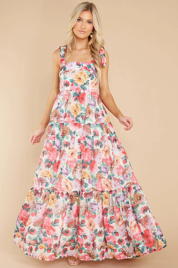 Summer Elegant Sweet Printed Waisted Long Slip Dress for Women