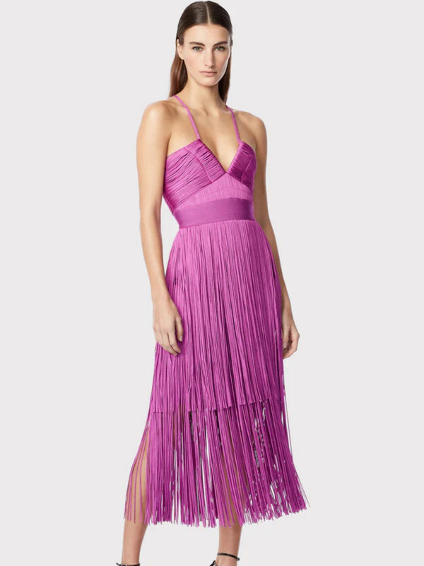 Summer French Elegant Fringed Deep V-Neck Halter Dress for Women