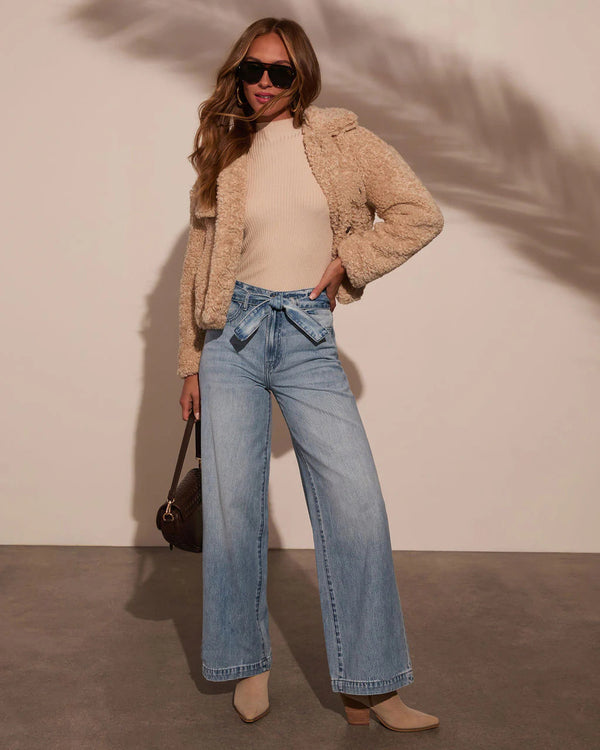Summer Fashion High-Waisted and Wide-Leg Drawstring-Tie Washed Denim Pant for Women