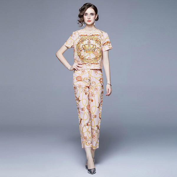 Summer New Short Sleeve T-shirt and High Waist Small Foot Trousers Two-Piece Set