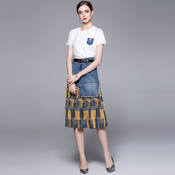 New Women's Crew Neck Short Sleeve T-shirt and Temperament Fashion Ftitching Denim Skirt Two-Piece Suit