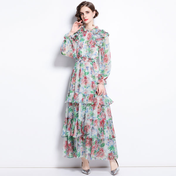 Long Sleeve Bubble Sleeve Big Swing Pinted Cake Dress