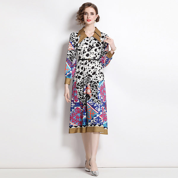Fashion Vintage Print Dress Lapel Long-Sleeved Temperament Slim MIDI