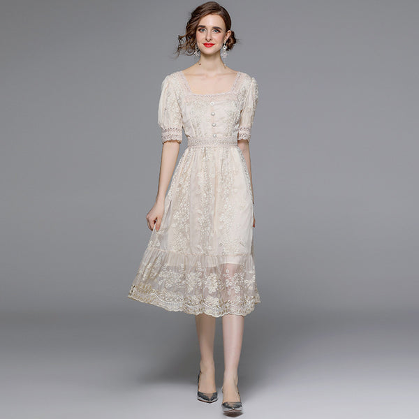 Vintage Embroidered Dress Square Neck Short Sleeve Slim MIDI Waist Tucked in