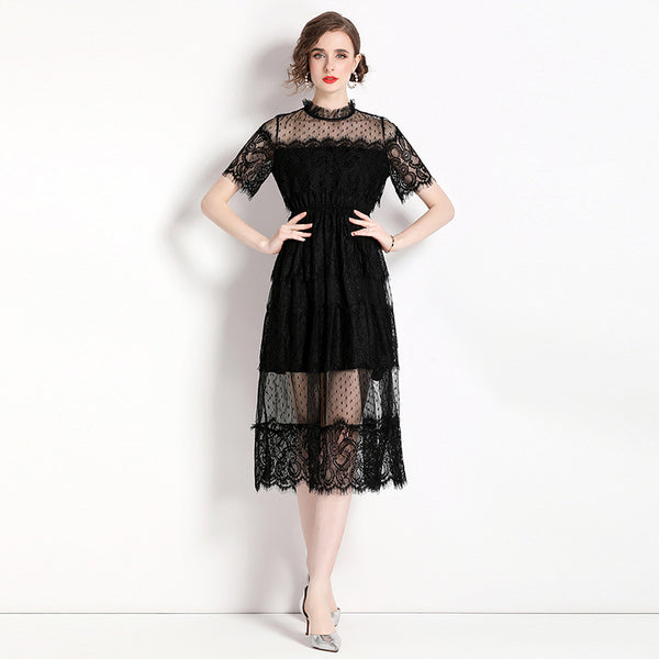Lace stitching Mesh Yarn Waist Slimming Short Sleeve Long Dress