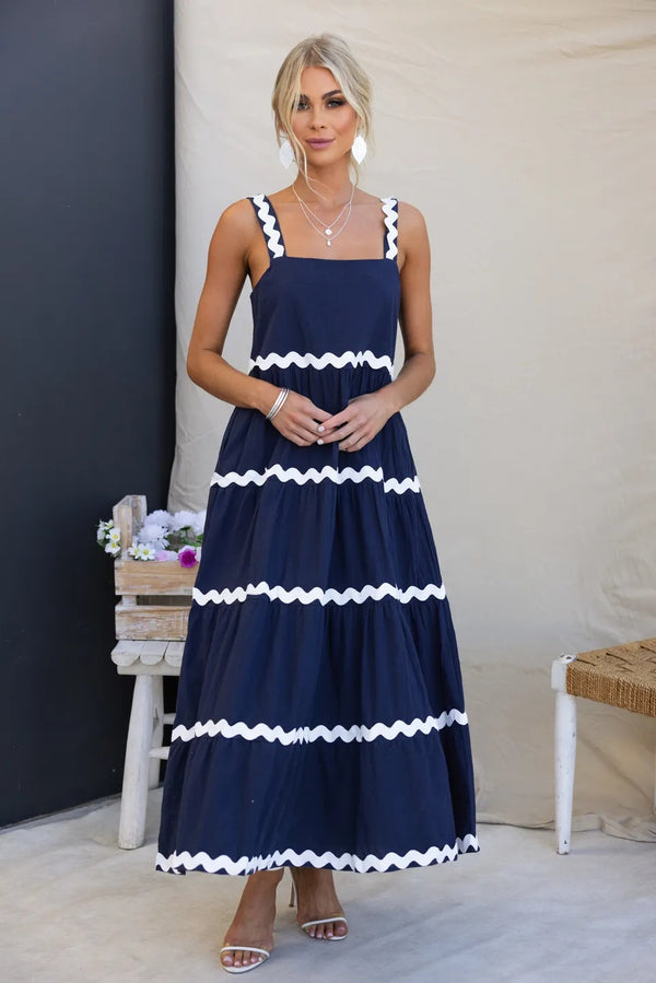 Summer Casual Square-Neck Colour-Blocking Loose Long Slip Dress for Women