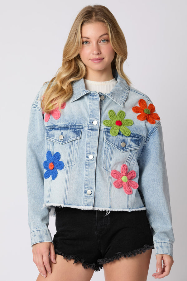 Spring Fashion Polo-Neck Three-Dimensional Printed Long Sleeve Denim Jacket for Women