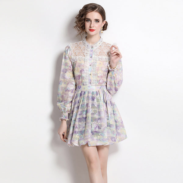 Fashion Printed Embroidery Patchwork Lace Lace Long-Sleeved Shirt Half Skirt Suit Skirt