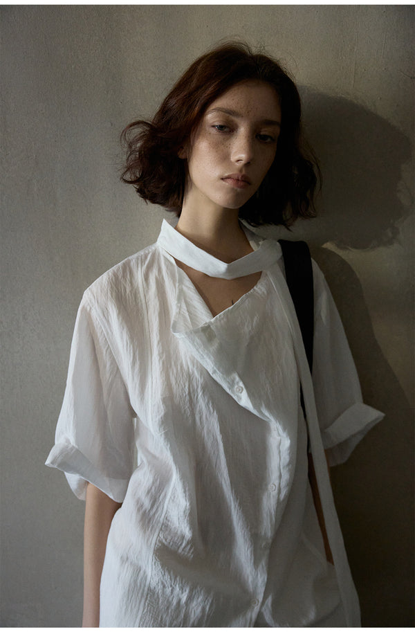 Tencel Ribbon Swing Collar Short-Sleeved Shirt, Soft Women's Blouse
