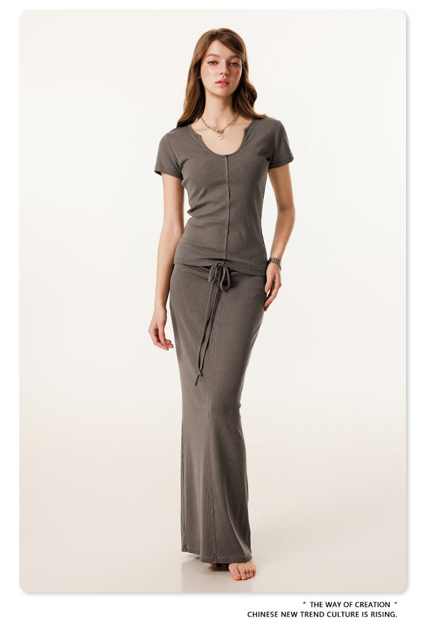 Summer Solid-color Waist-cinched U-neck Skin-friendly Top