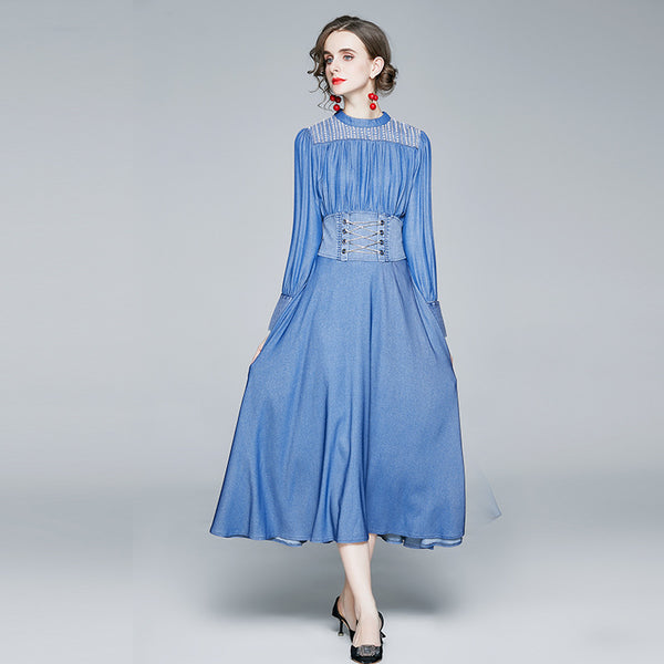 Tencel Denim Dress High Waist Long Sleeve Blue Super Fairy A-Line Skirt