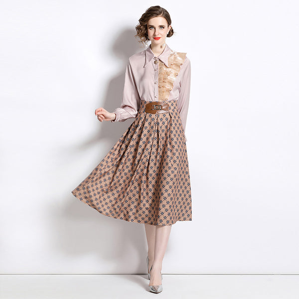 New Women's Temperament Retro Lapel Long-Sleeved Shirt and Mid-Length Skirt Two-Piece Suit