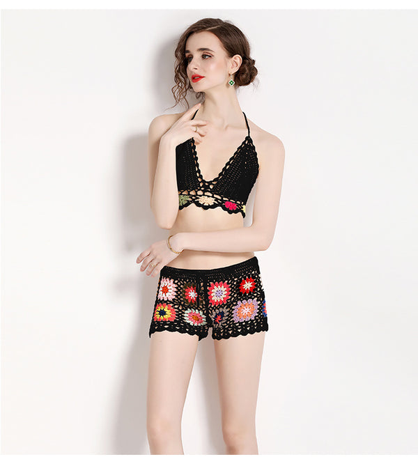 Knitted Hollowed Out V-Neck Strapless Top and Wide-Leg Shorts Two-Piece Suit
