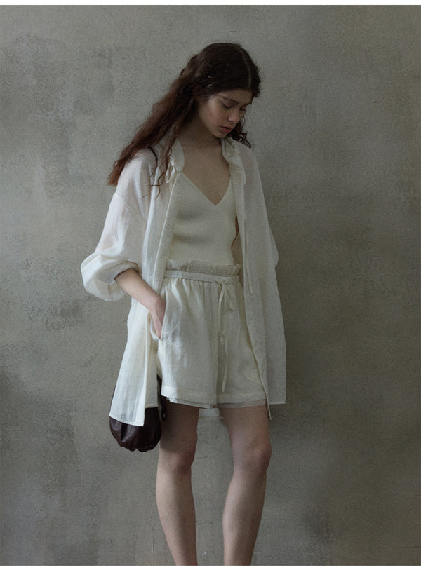 Linen transparent flower bud double-layer comfortable commuting women's shorts