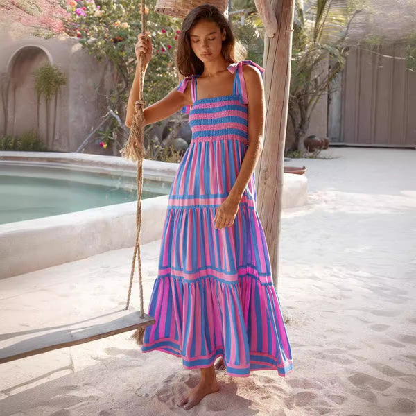 Summer Square-Neck Waisted Striped Pleated Flowy Slip Dress for Women