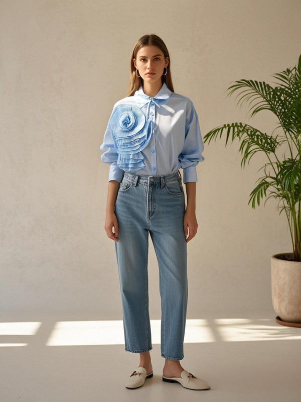 Spring and Autumn Fashionable Lapel Pleated Floral Long-Sleeved Blouse for Women