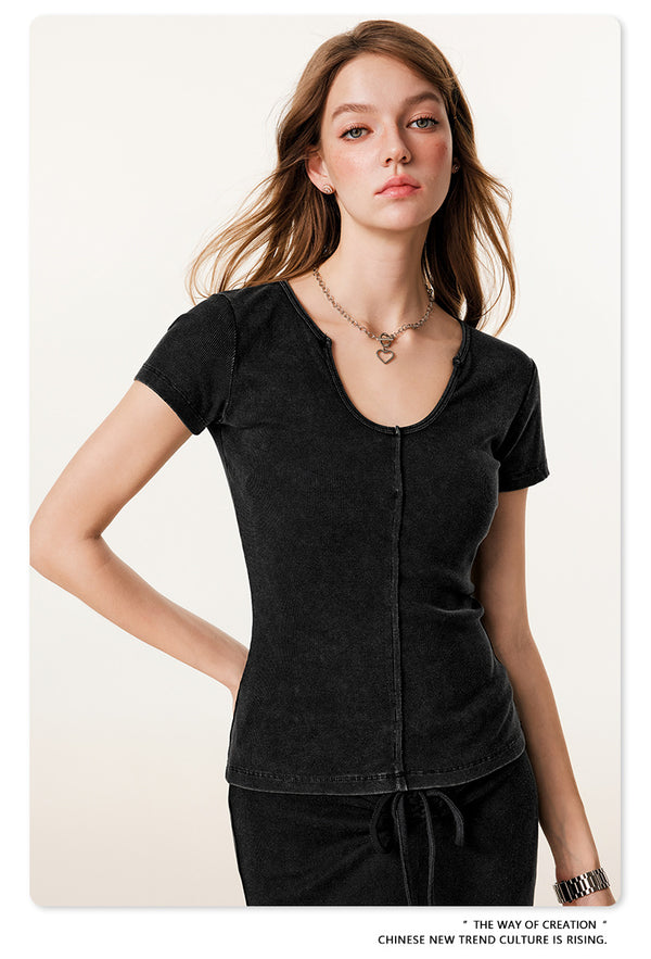 Solid-color Hot Girl Batik Aged Pullover Cotton Top