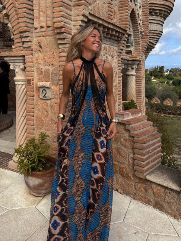 Summer Casual Printed Loose Long Holiday-Style Slip Dress for Women
