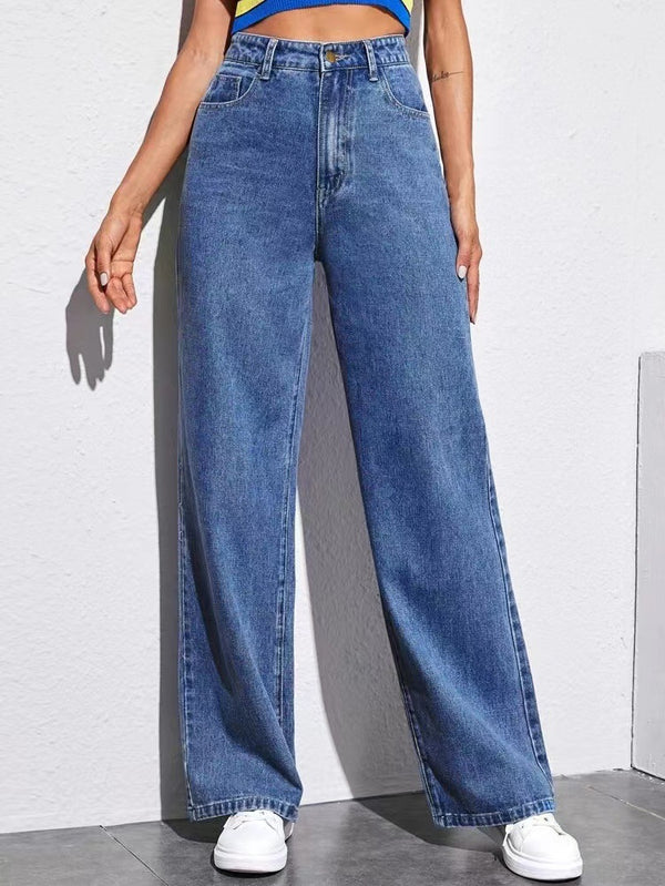 Spring Fashion Hight-Waist Loose Wide-Leg Straight Denim Pant for Women