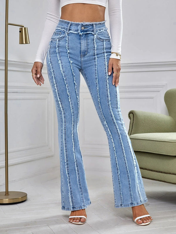 Fashionable and Versatile High-waisted Denim Pant with Slightly Flared Edges for Women
