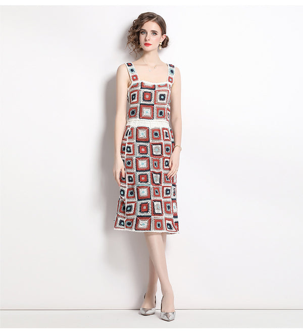 Vintage Hand Hook Hollowed Out Knitted To Show Thin Vest and Half Skirt Two-Piece Suit Skirt