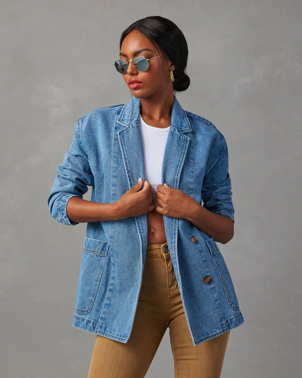 Fashionable and Casual Long-Sleeved Washed Blue Denim Blazer with Pockets for Women
